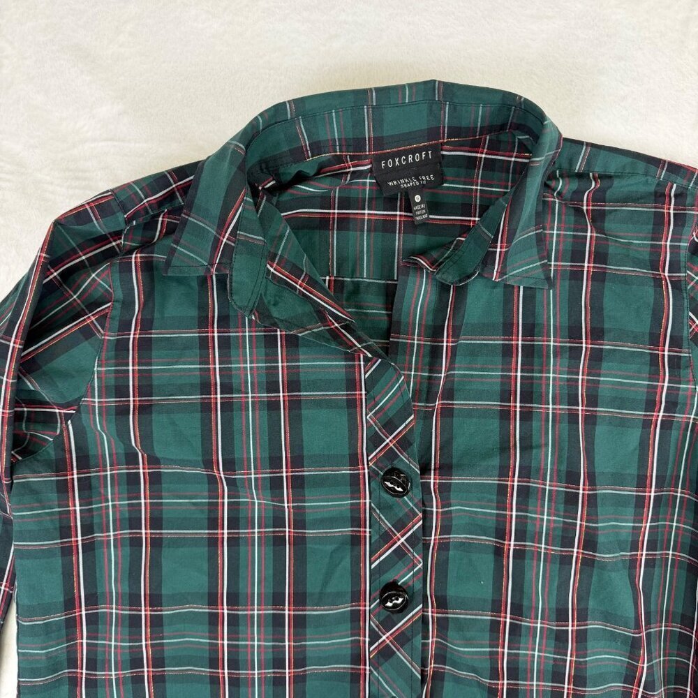 Foxcroft plaid shirt women's size 16 green decorative buttons 3/4 sleeves - Picture 3 of 12